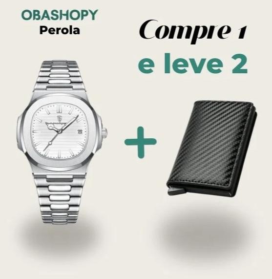 HF Relógio Luxo Prata + Carteira Fibra de Carbono - 🔥Compre 1 Leve 2